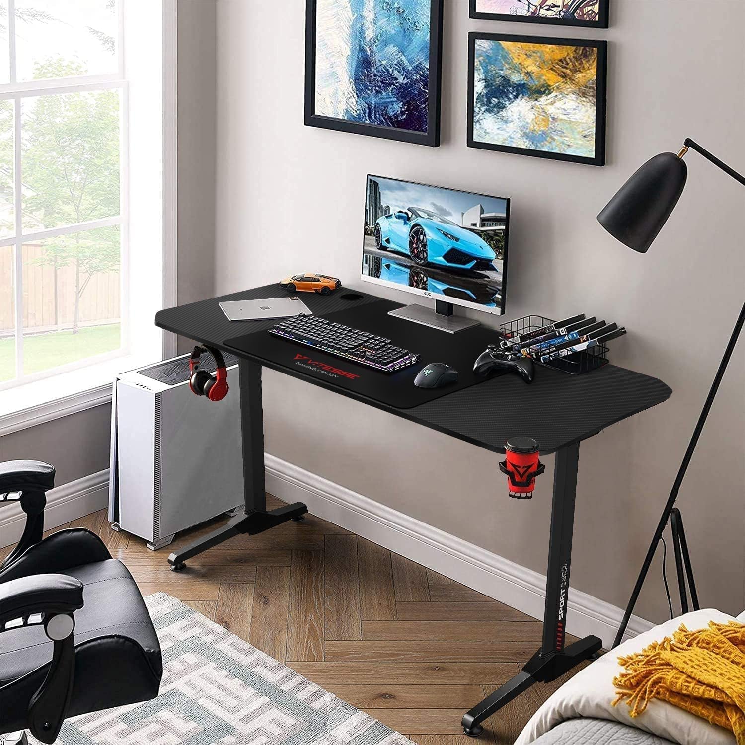 Ergonomic Gaming Desk 55 Inch, T Shaped Office PC Computer Desk with Desk Mouse Pad, Gamer Tables with Gaming Handle Rack, Cup Holder Headphone Hook