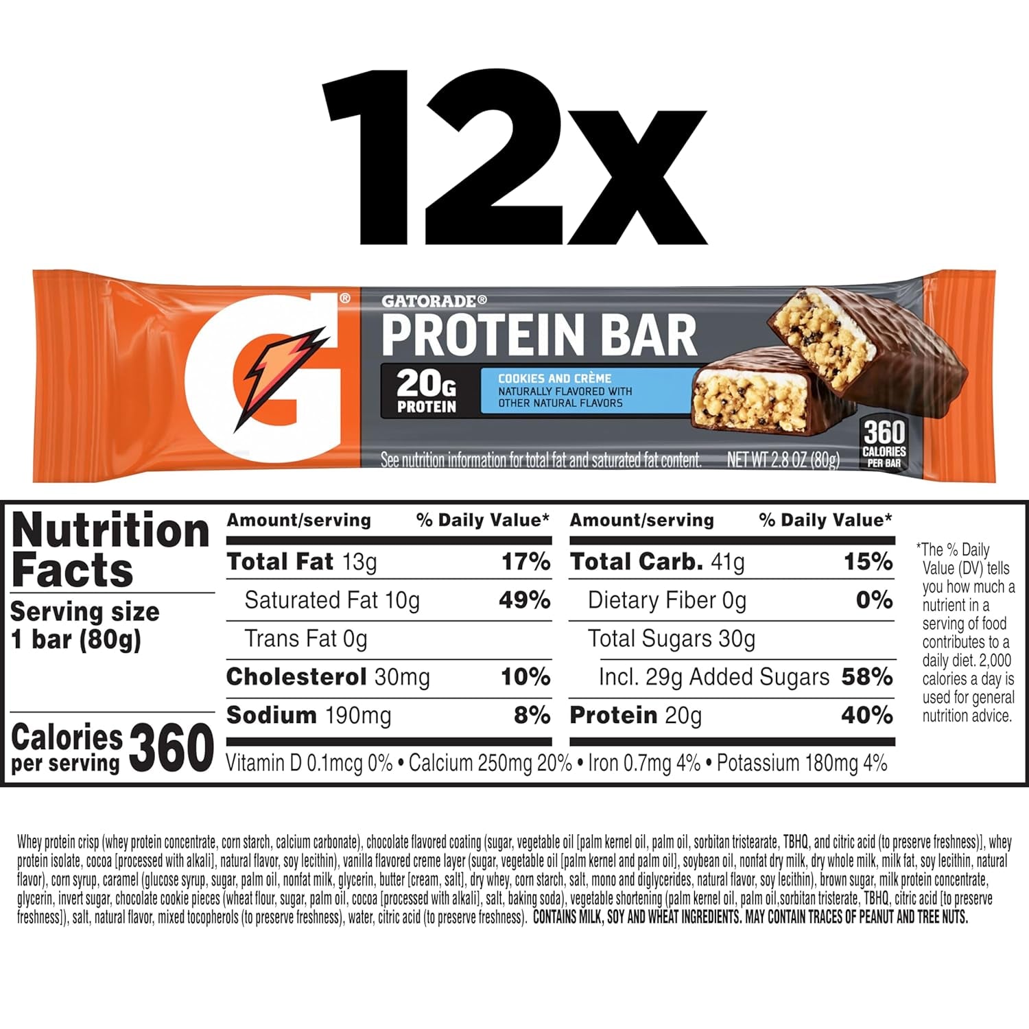Whey Protein Bars, Cookies & Crème, 2.8 Oz Bars (Pack of 12, 20G of Protein per Bar)
