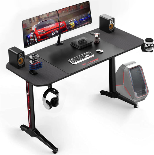 Ergonomic Gaming Desk 55 Inch, T Shaped Office PC Computer Desk with Desk Mouse Pad, Gamer Tables with Gaming Handle Rack, Cup Holder Headphone Hook