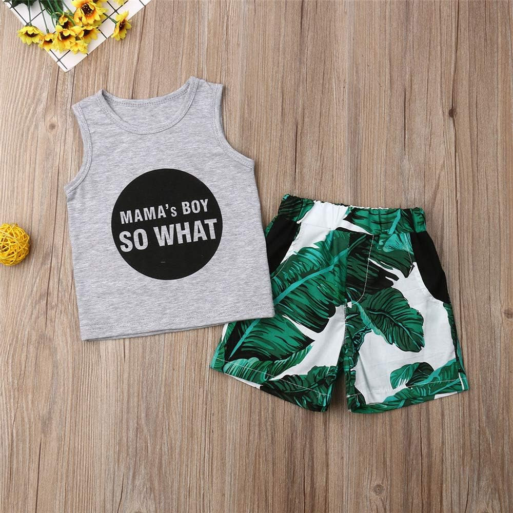 FYBITBO 2Pcs Toddler Little Boys Summer Clothes Sets Cute Mamas Boy Sleeveless Tank Tops T-Shirt+Palm Shorts Outfits (Palm Leaf, 4T)