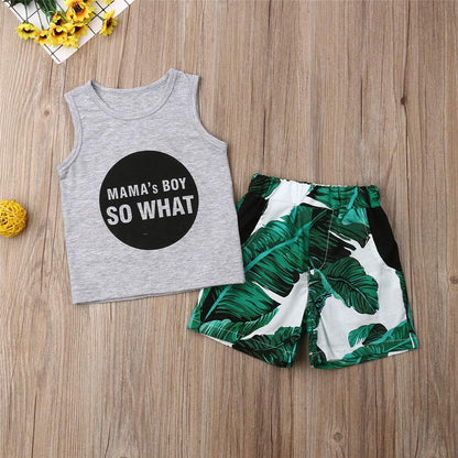 FYBITBO 2Pcs Toddler Little Boys Summer Clothes Sets Cute Mamas Boy Sleeveless Tank Tops T-Shirt+Palm Shorts Outfits (Palm Leaf, 4T)