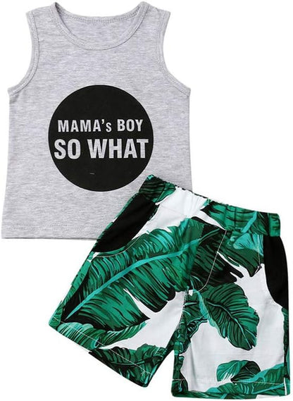 FYBITBO 2Pcs Toddler Little Boys Summer Clothes Sets Cute Mamas Boy Sleeveless Tank Tops T-Shirt+Palm Shorts Outfits (Palm Leaf, 4T)