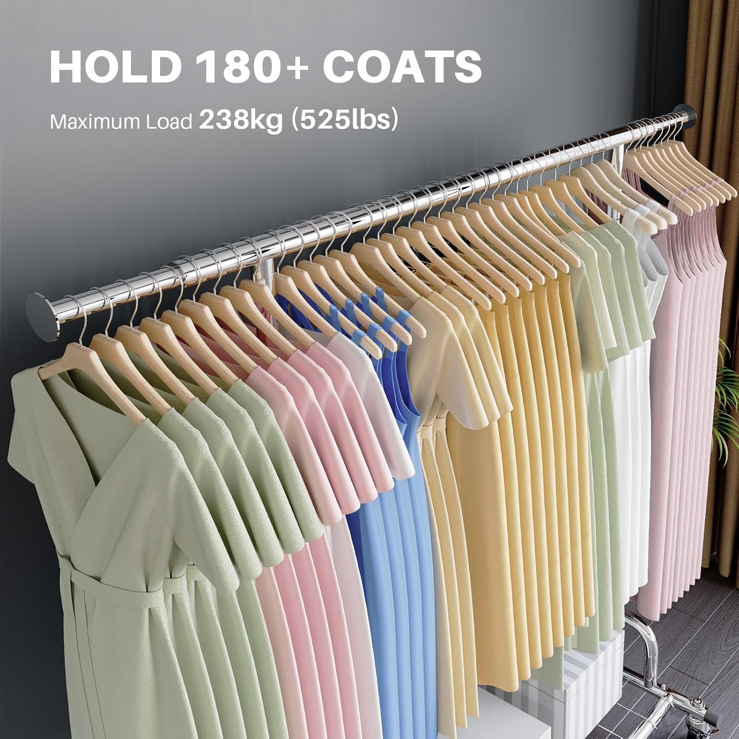 Heavy Duty Clothes Rail 238Kg (525Lbs) Capacity, Extendable Hanging Rack with Lockable Wheels & Shelves, Space Saving for Bedroom, Apartment, Laundry Room,Silver