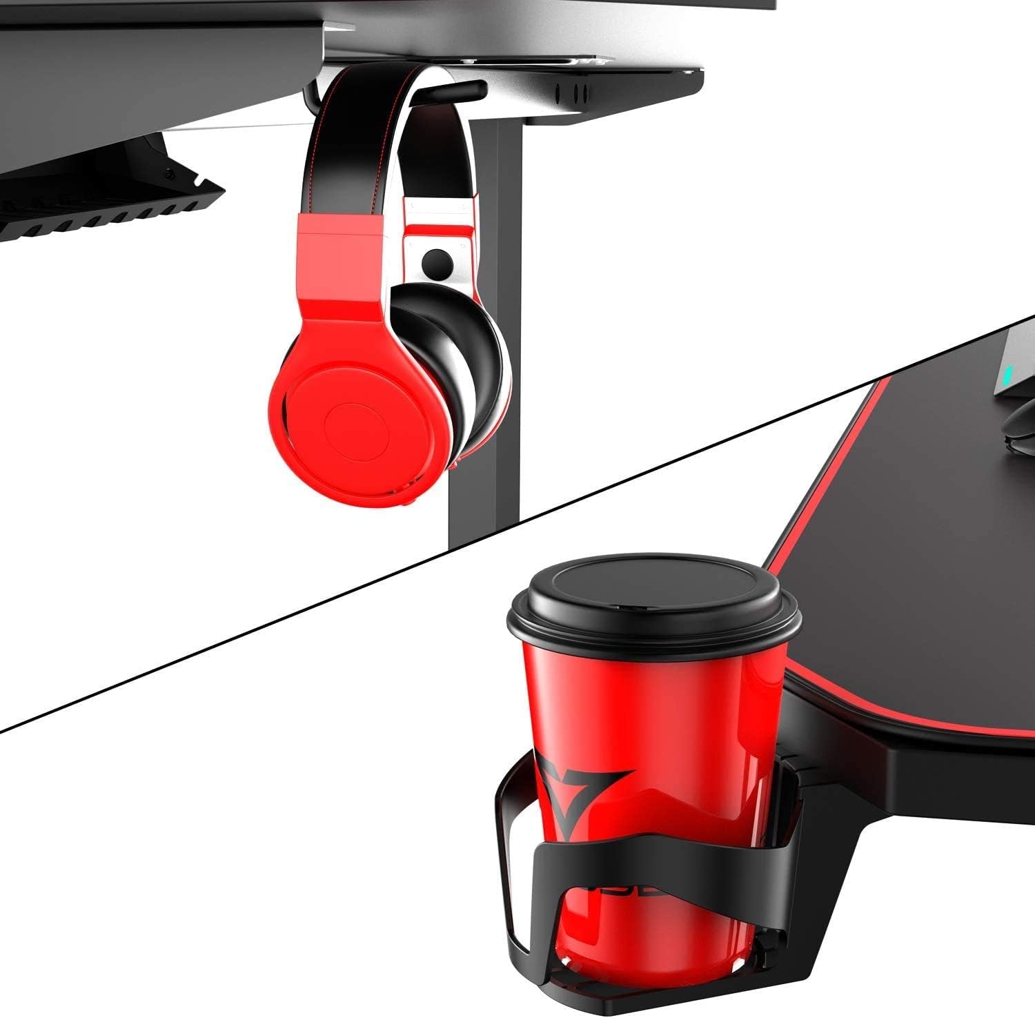 Ergonomic Gaming Desk 55 Inch, T Shaped Office PC Computer Desk with Desk Mouse Pad, Gamer Tables with Gaming Handle Rack, Cup Holder Headphone Hook