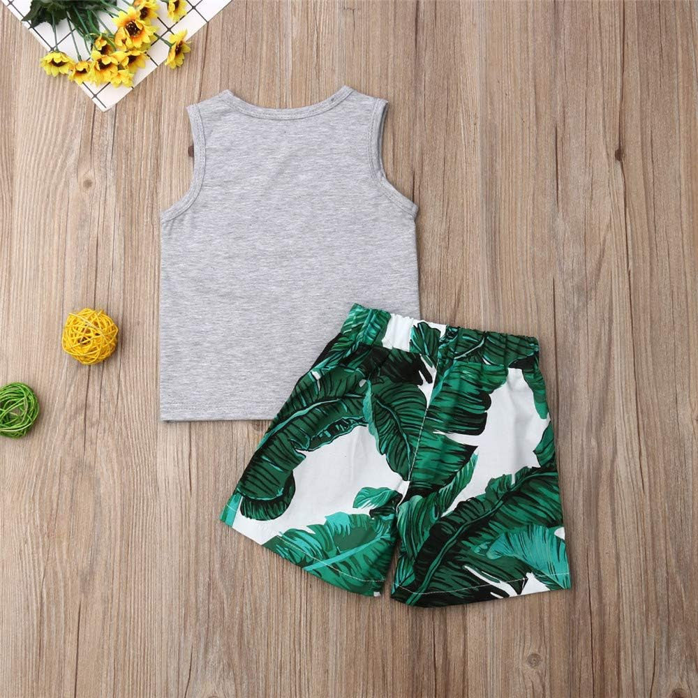 FYBITBO 2Pcs Toddler Little Boys Summer Clothes Sets Cute Mamas Boy Sleeveless Tank Tops T-Shirt+Palm Shorts Outfits (Palm Leaf, 4T)